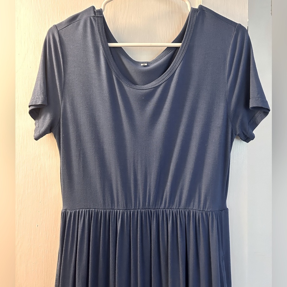 Long dusty blue maternity dress